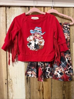 Marie Nicole 2 pc Outfit Set Red Fringe Western Santa Top with Graphic Pants